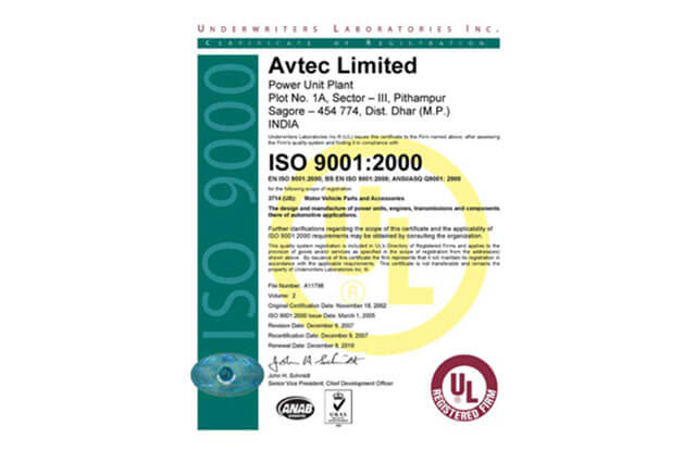 ISO 9001: 2000 certificate to Power Unit Plant, Pithampur, by Underwriters Laboratories.