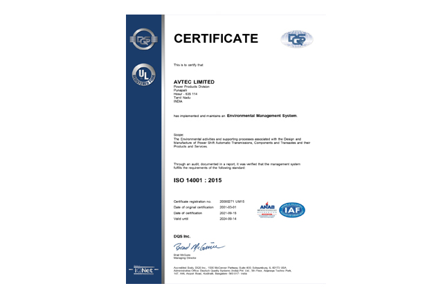 ISO 14001:2015 Certificate on Enviornmental Management System.