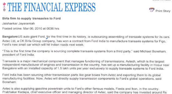 Birla firm to supply transaxles to ford The Financial Express, Bangalore