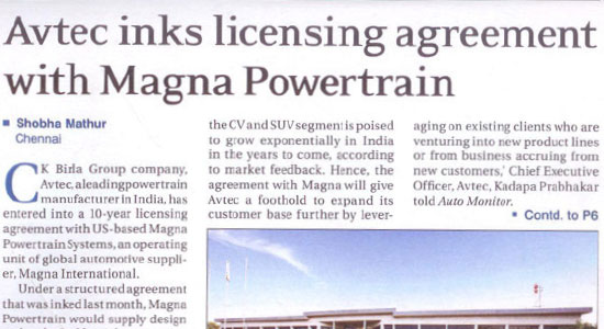 AVTEC inks licensing agreement with Magna Powertrain New Delhi