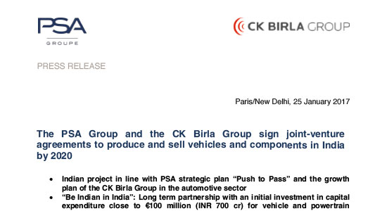 The CK Birla Group and the PSA Group sign joint-venture